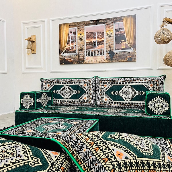 8" Emerald Green Arabic Sofa Set, Living Room Decor, Floor Cushion Seating, Floor Couch, Sectional Sofa, Floor Cushions, Ottoman Couch & Rug