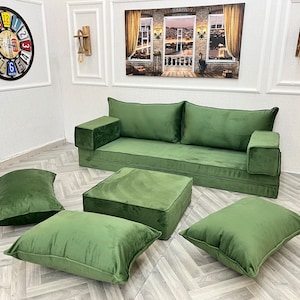 Green Velvet Floor Seating Sofa: Modular Sleeper Couch, Custom Cover