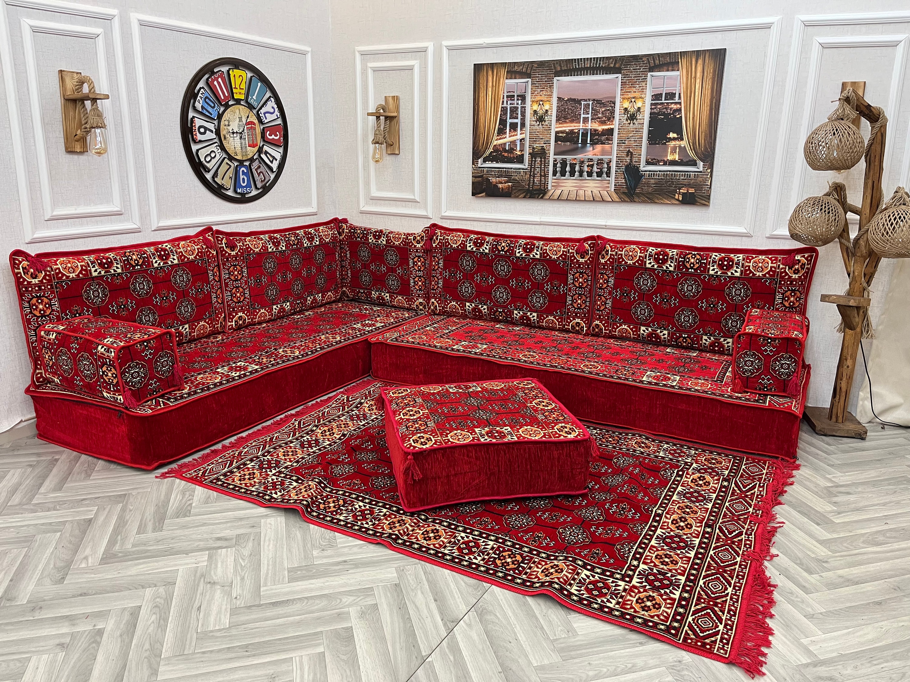 Majilis Rug Ethnic L-shaped Arabic Majlis Sofa Set: Floor Seating, Ottoman & Rug ...
