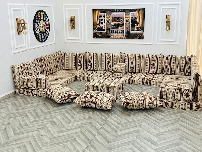 U Shaped Arabic Sofa Floor Seating Set, Boho Living Room Decor, Arabic Sofa Set, Floor Cushions, Sectional Sofa, Floor Couch, Arabic Majlis image 5