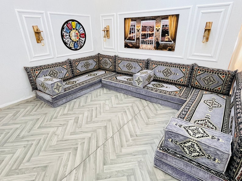 8'' Thick Anatolian U Shaped Arabic Living Room Sofa Floor Seating Set ,Boho Floor Couches ,Sectional Sofa, Arabic Majlis Sofa,Floor Cushion U Sofa Only