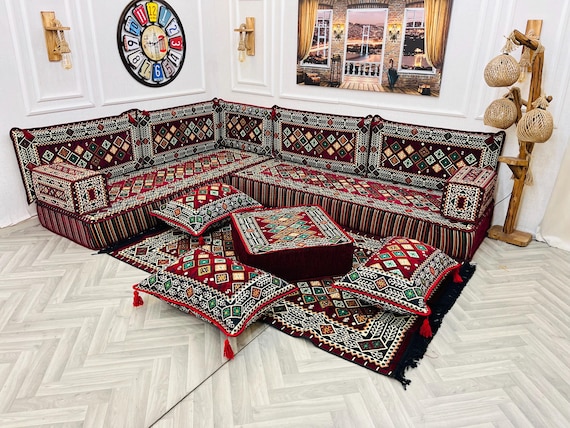 Traditional Ottoman Majlis Floor Seating Set – Handmade Turkish Kilim Rug Sofa, Corner Floor Couch