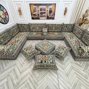8'' Thick Anatolian U Shaped Arabic Living Room Sofa Set Lux, Floor Seating, Boho Couches ,Sectional Sofa, Arabic Majlis Sofa, Floor Cushion U Set+Ottoman+Pillow