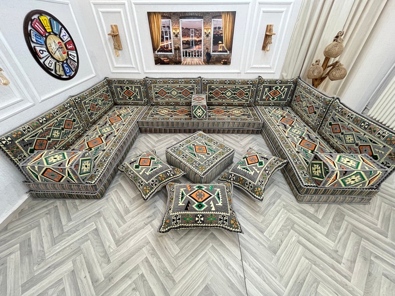 8'' Thick Anatolian U Shaped Arabic Living Room Sofa Set Lux, Floor Seating, Boho Couches ,Sectional Sofa, Arabic Majlis Sofa, Floor Cushion U Set+Ottoman+Pillow