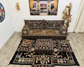 Arabic Majlis Style Floor Seating Set | Modular Floor Sofa | Boho Moroccan Cushions & Rug