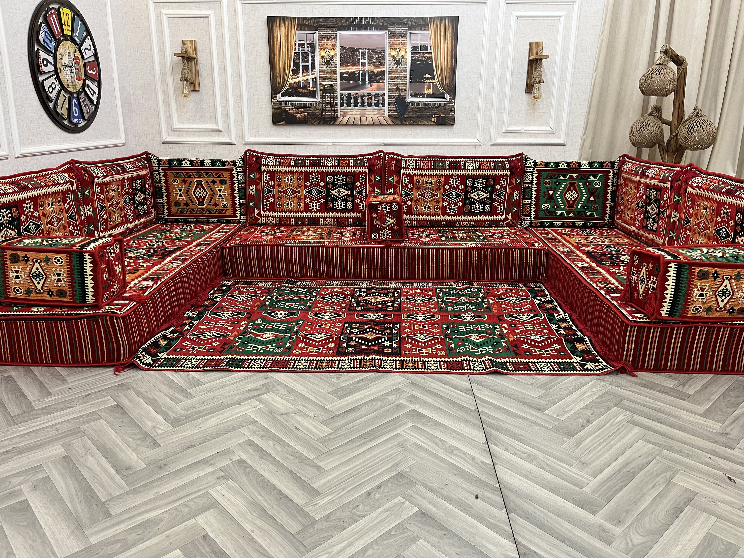Majilis Rug U Shaped Arabic Majlis Sofa Set: Boho Floor Seating, Ottoman & Rug - Etsy
