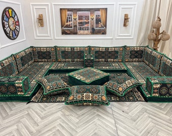 Diamond Green U Shaped Luxury Arabic Floor Seating Sofa Set , Floor Cushion Couch, Living Room Sofas , Arabic Majlis , Ottoman Couch Rug