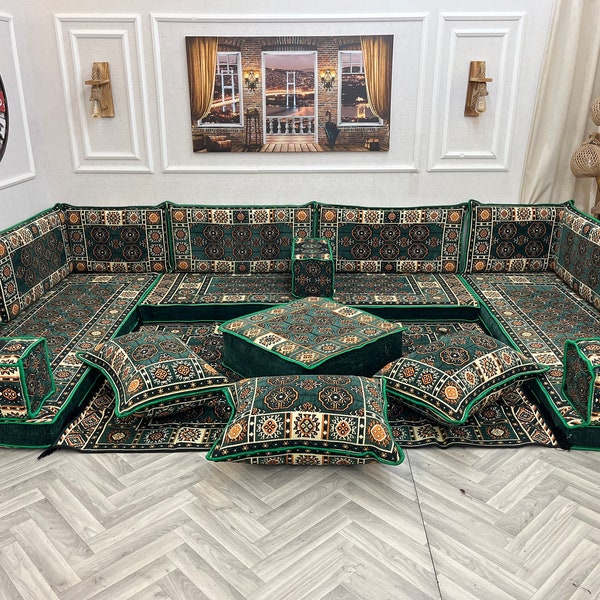 Diamond Green U Shaped Luxury Arabic Floor Seating Sofa Set , Floor Cushion Couch, Living Room Sofas , Arabic Majlis , Ottoman Couch Rug