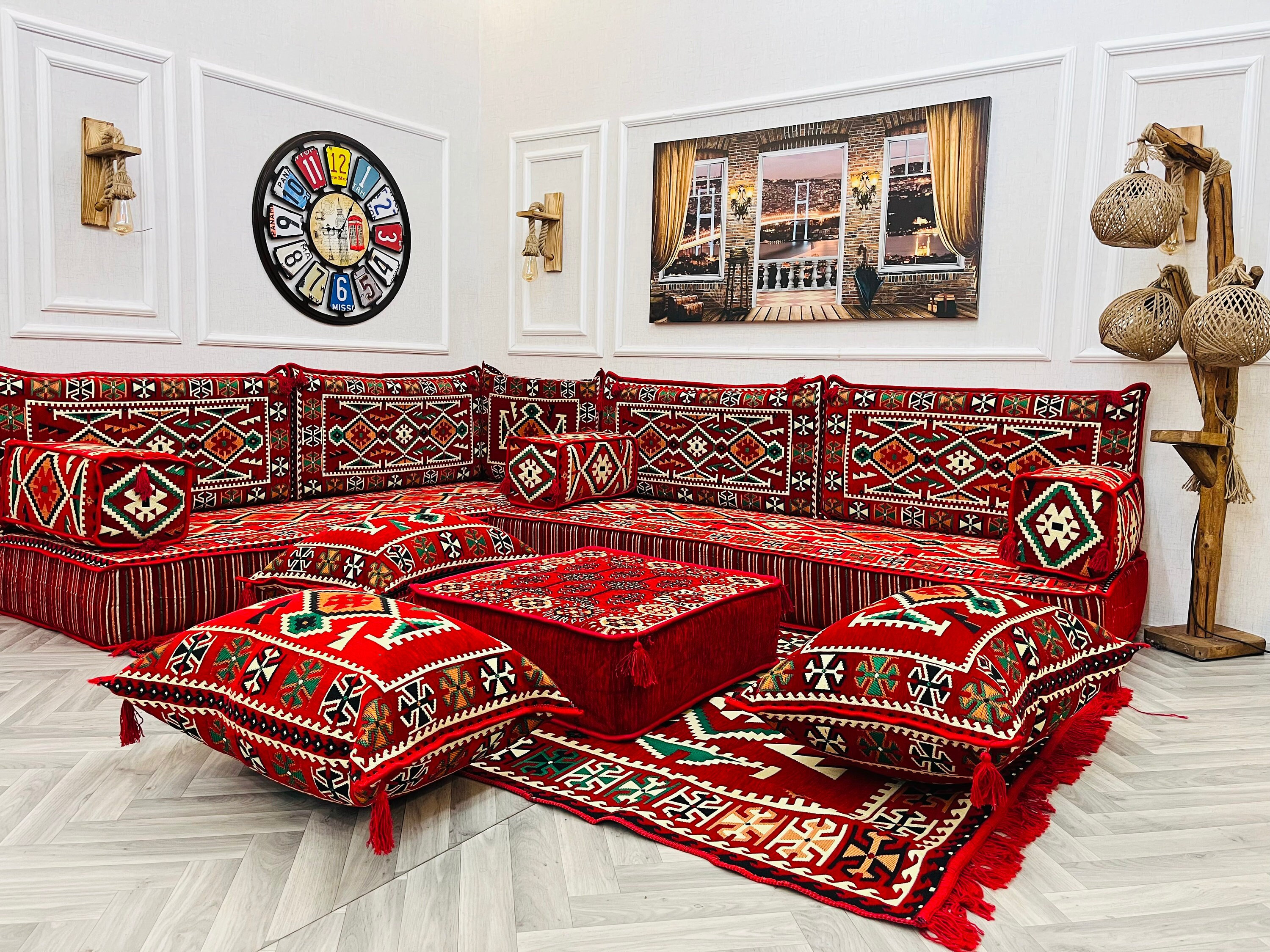 8 Inch Thick L Shaped Red Arabic Sofa Floor Seating Set Anatolian Living Room Home Decor Floor Cushion Floor Couch Ottoman Couch Rug Etsy