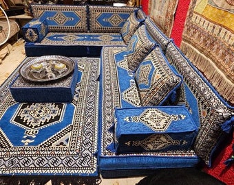 Blaue Arabische Boden Sofa Set: L-Form Schnittcouch mit Kelim Teppich - 21 cm Dicke