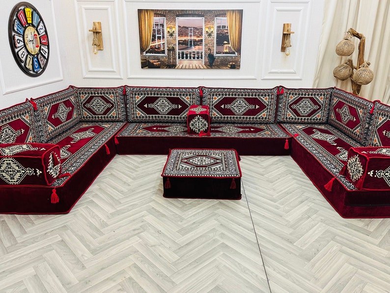 Ensemble de sièges de sol pour canapé de salon arabe en forme de U bordeaux d'épaisseur 8 po., canapés de sol bohèmes, canapé sectionnel, canapé majlis arabe, coussin de sol image 6