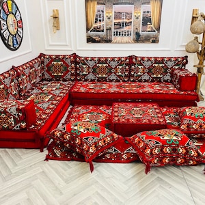 L Shaped 8 inch Thick Arabic Sofa Living Room Floor Seating Sofa Set, Arabic Majlis, Sectional Sofa, Floor Cushions, Ottoman Couch & Rug