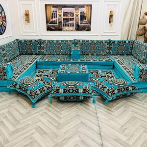 8&#39;&#39; U Shaped Floor Sofa Set: Arabic Majlis Style, 22 Piece Ottoman & Cushion Set