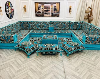 Set di divani da pavimento a forma di U da 8'': stile arabo Majlis, set di 22 cuscini e pouf