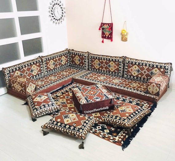 Canapés de salon faits à la main, tissu durable, décoration d'intérieur  marocaine, canapé de sol arabe, canapé de sol turc, canapés marocains,  majlis arabe, canapé-lit futon (L ensemble complet de 20 cm) 