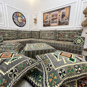 8 Gris oscuro L en forma de sofá árabe sala de estar conjunto de sofás, sofá para sentarse en el piso, Majlis árabe, sofá seccional, cojines de piso, sofá otomano y alfombra L Sofa Full Set