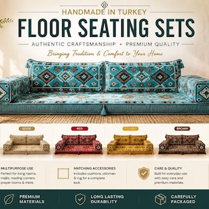 May include: A floor seating set featuring a turquoise base with intricate geometric patterns, including two back cushions and two armrests. The set is displayed alongside eight color variations: blue, gray, beige, red, yellow, brown, green, and turquoise.