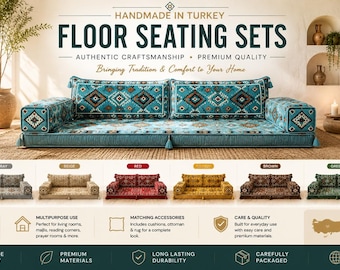 Conjunto de almofadas de chão tradicionais turcas, sofá Majlis árabe, sofá de chão, conjunto de almofadas de chão feitas à mão, capas laváveis, decoração para sala de estar