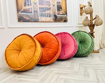 Colorful Velvet Floor Pouf: Round Tufted Cushion, Living Room Decor, Home Decor Gifts