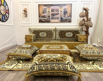Ensemble de canapé de sol turc traditionnel, canapé oriental jaune, coussin de sol fait main