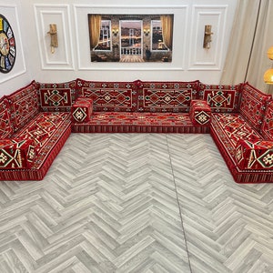 Authentic Red U Shaped Arabic Sofa Living Room Floor Seating Set, Boho Floor Couch, Arabic Majlis, Turkish Floor Sofa Set, Ottoman Couch Rug U Sofa Only