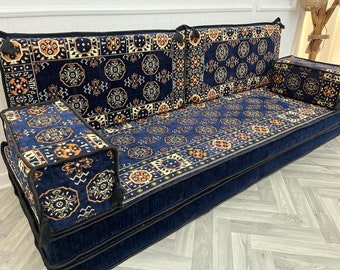 8'' Thickness Navy Blue Arabic Sofa Set, Boho Floor Couch, Moroccan Home Living Sofa, Floor Seating Sofa, Floor Pillows,Reading Nook Cushion