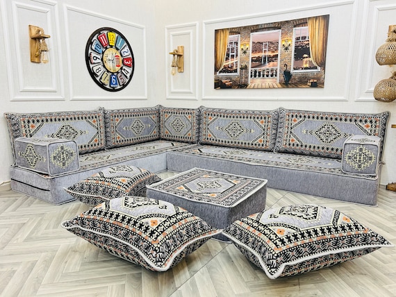 8 Thick Moroccan Living Room Floor Seating Sofa Set L Shaped Arabic Majlis Sofa Gray Floor Cushions Ottoman Couch Rug corner Floor Sofa Etsy Canada