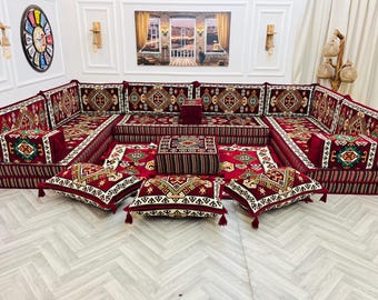 Traditional U Shaped Arabic Floor Sofa Set: 8 inch Thick Modular Seating Floor Cushions