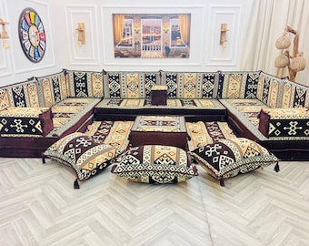 U Shaped Arabic Floor Sofa Modular Set: 22 Piece Majlis Floor Seating, Home Decor