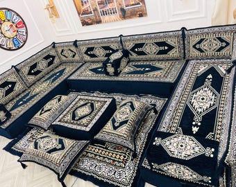 Arabic Majlis Floor Sofa Set: 8-inch Ottoman Couch, Rug & Pillows
