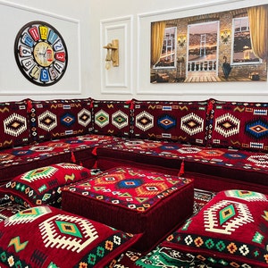 8&quot; Maroon Color L Shaped Arabic Sofa Living Room Set, Floor Seating Sofa, Arabic Majlis, Sectional Sofa, Floor Cushions, Ottoman Couch & Rug