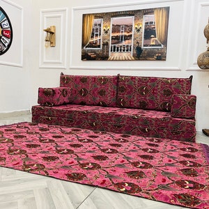 8'' Thick Functional Floor Seating Living Room Sofa Set, Turkish Tulip Pattern Floor Cushion,Unique Design Living Room Decor,Arabic Sofa Set Sofa + Rug