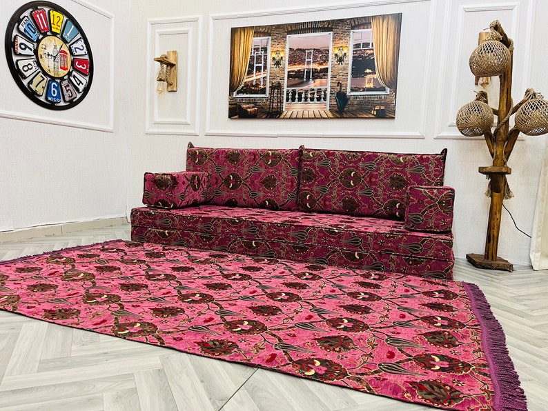 8'' Thick Functional Floor Seating Living Room Sofa Set, Turkish Tulip Pattern Floor Cushion,Unique Design Living Room Decor,Arabic Sofa Set Sofa + Rug