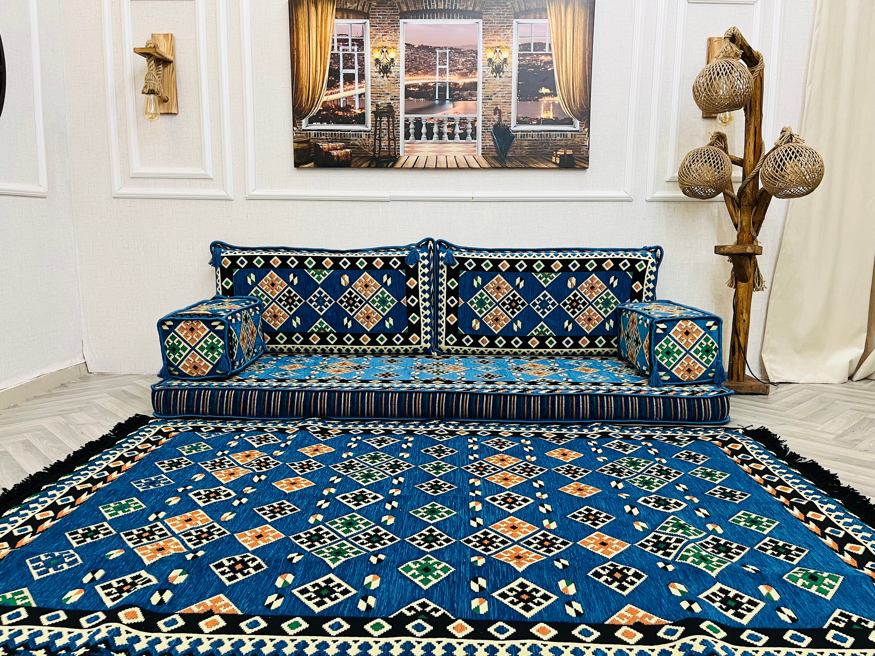 Majilis Rug Arabic Majlis Floor Seating Set: Navy Cushions, Ottoman, Rug, Sectional ...