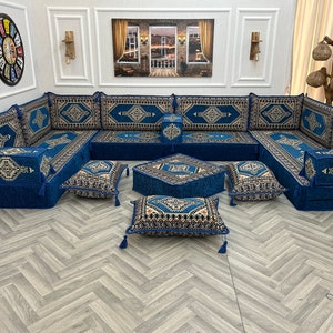 Anatolian U Shaped Floor Seating Set: Arabic Majlis Sofa, 8&#39;&#39; Thick Floor Cushions