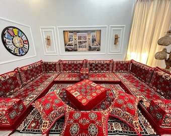 Red Anatolian U Shaped Arabic Majlis Sofa Set,Boho Living Room Decor, Ottoman Seating