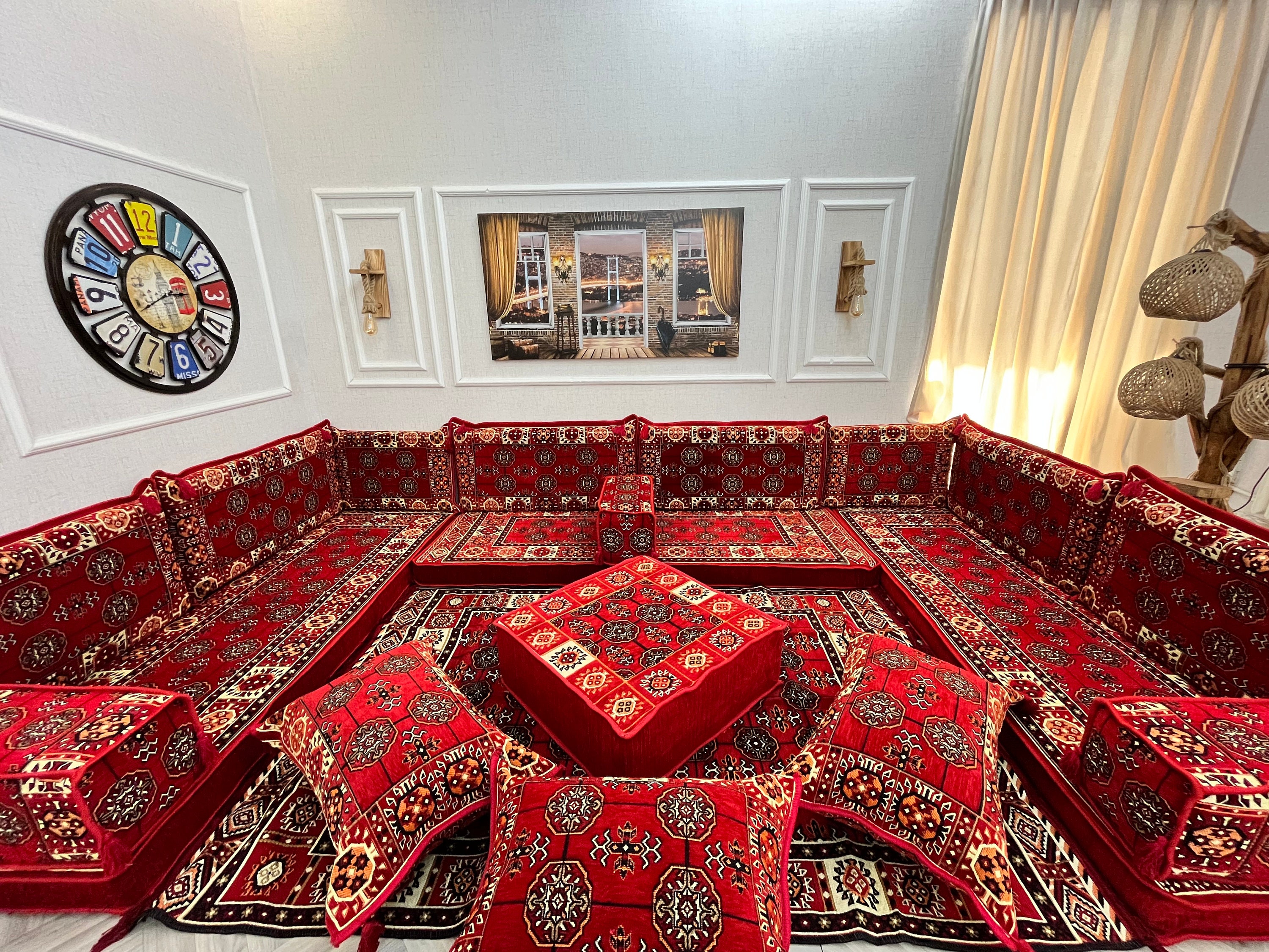 Red Anatolian U Shaped Arabic Majlis Sofa Set,boho Living Room