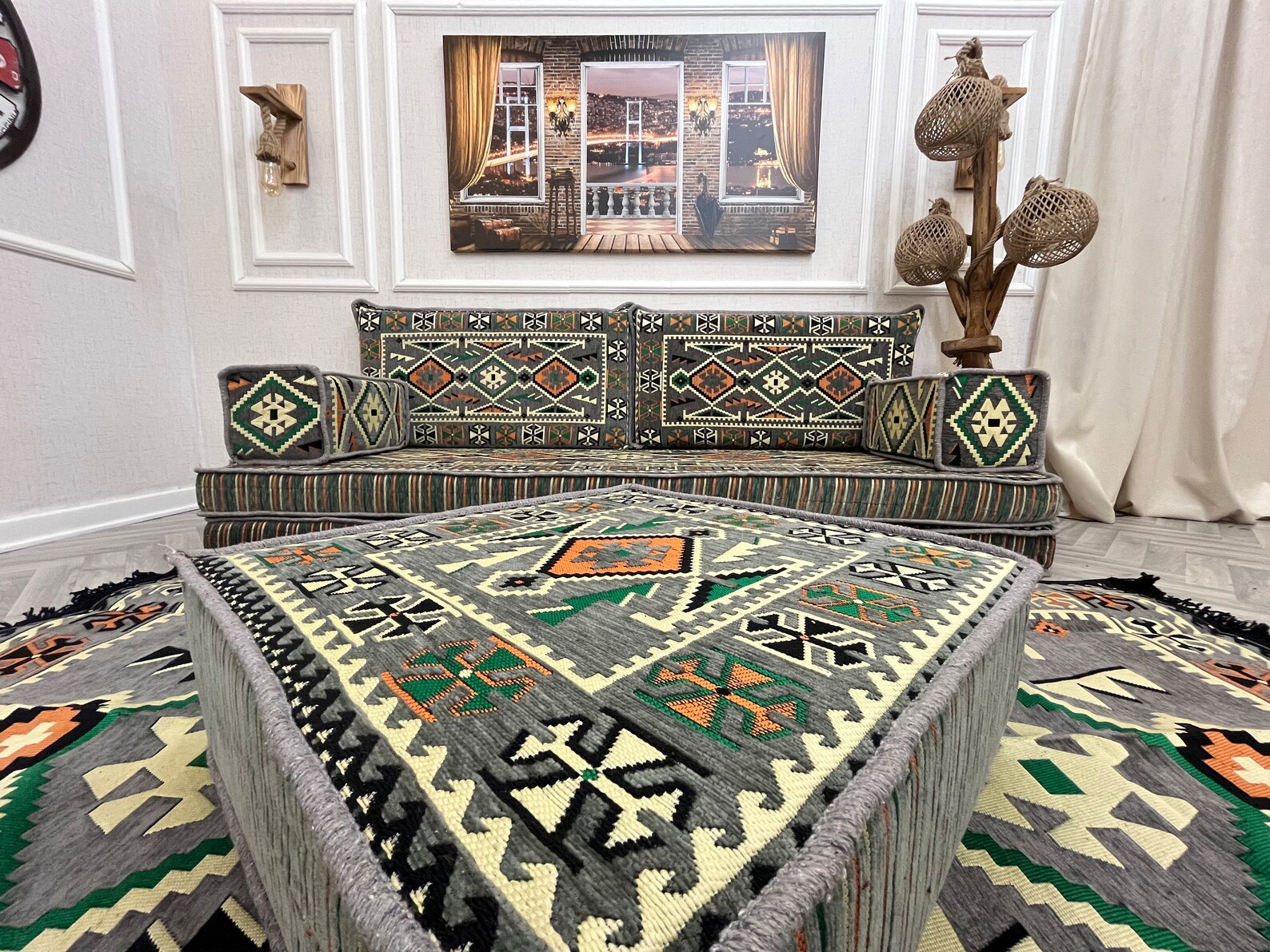 Majlis Rug Mid-century Arabic Majlis Sofa Set: Floor Seating, Ottoman & Rug- 8 ...