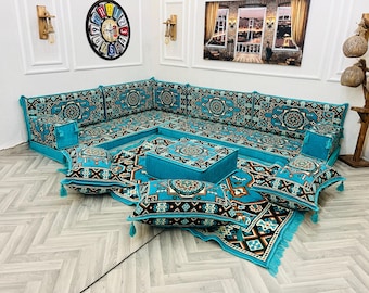 Ethno Boden Sofa Set: Türkisfarbene osmanische Sofas, Teppich & Kissen, türkisches Wohndekor