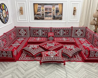 Ottoman Pattern Floor Sofa Set: U Shaped Arabic Majlis Seating, Floor Cushions