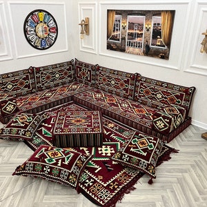 L Shaped Maroon Arabic Sofa Floor Cushion Seating Set, Living Room Sofa, Ottoman Couch, Floor Cushion Couch, Arabic Majlis, Sectional Sofas imagem 5