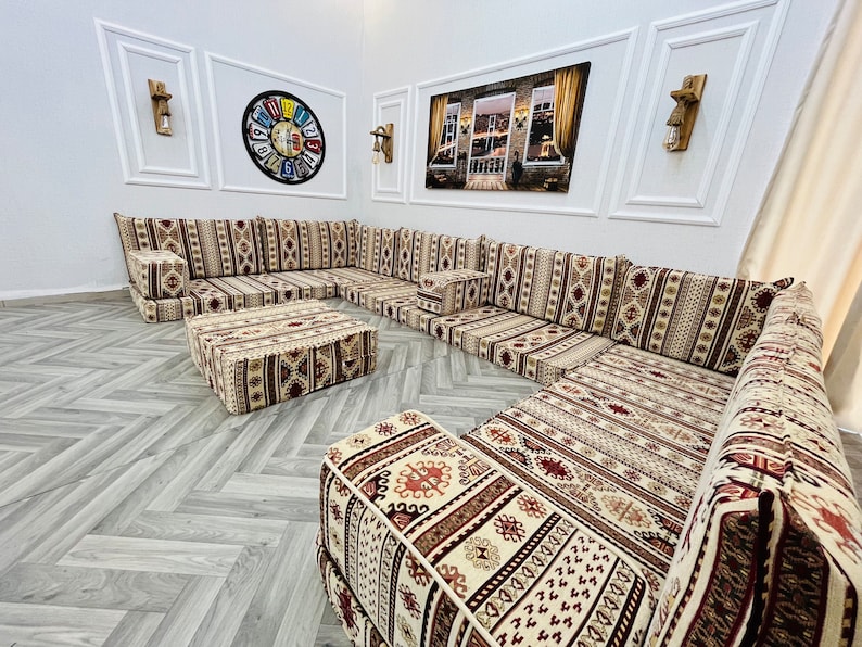U Shaped Arabic Sofa Floor Seating Set, Boho Living Room Decor, Arabic Sofa Set, Floor Cushions, Sectional Sofa, Floor Couch, Arabic Majlis U SOFA + OTTOMAN