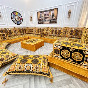 Canapé de salon en forme de U de 8'' d'épaisseur, ensemble de sièges au sol, canapés de sol Boho, Majlis arabe, ensemble de canapés de sol authentiques jaune moutarde U Set+Ottoman+Pillow