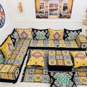 Moroccan Style Floor Seating Sofa Set: Majlis Style Cushions, Rug & Pouf Pillows