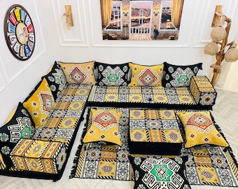 Moroccan Style Floor Seating Sofa Set: Majlis Style Cushions, Rug & Pouf Pillows