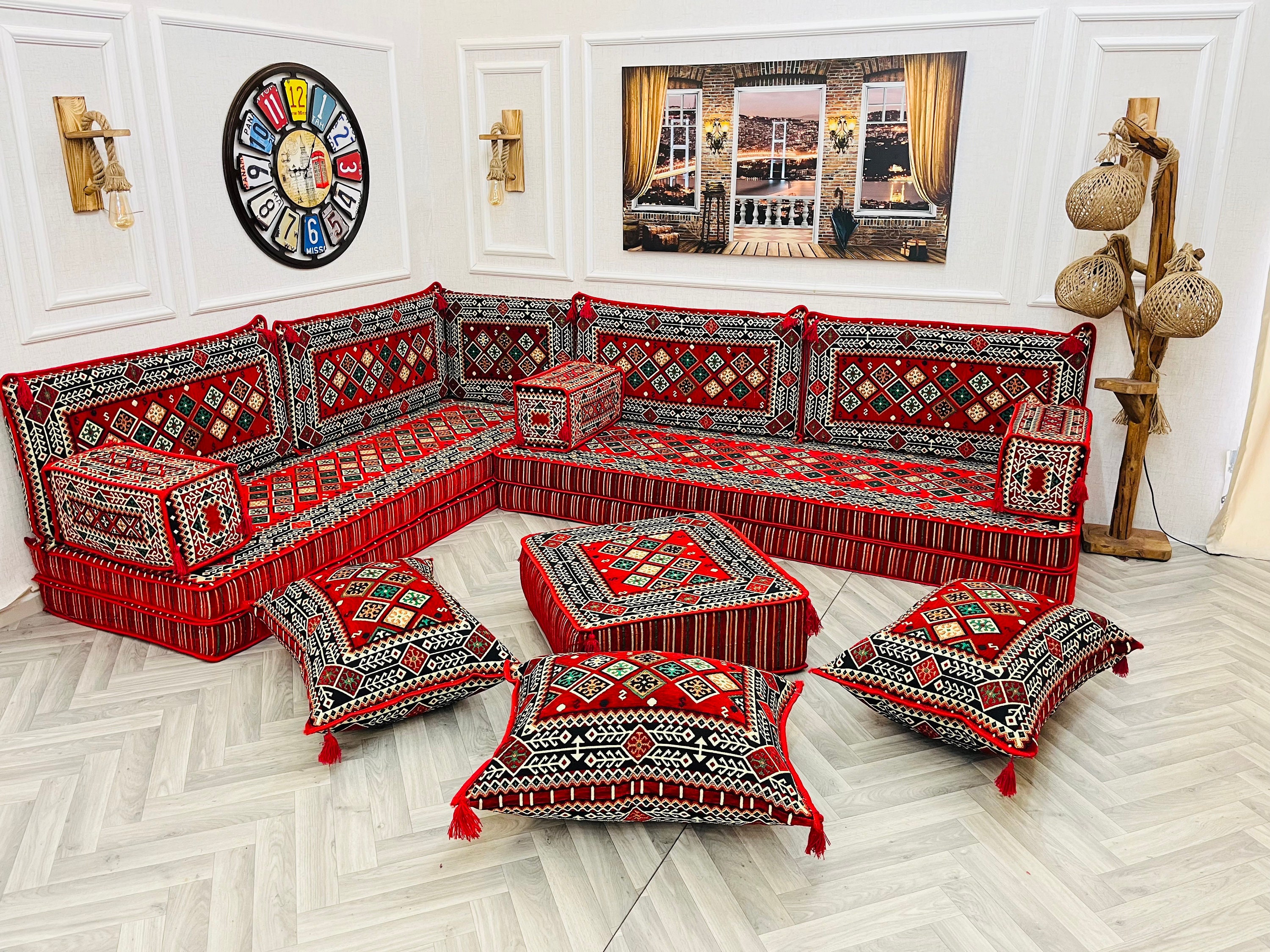 Red Arabic Floor Seating Set: 8 Inch Thick L-shaped Sofa, Ottoman