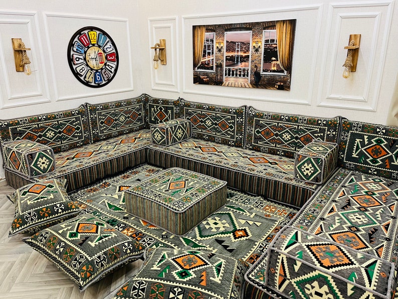 8 inch Thick U Shaped Modular Dark Grey Arabic Living Room Sofa Floor Seating Set ,Boho Floor Couch, Floor Cushion,Anatolian Sofa,Floor Sofa image 5