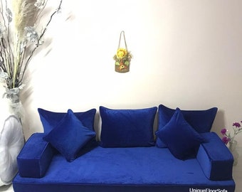 Boho Living Room Blue Velvet Floor Seating Sofa Couch, Modern Living Room Decor, Floor Sofa Cushions, Floor Couch, Arabic Sofa, Home Decor