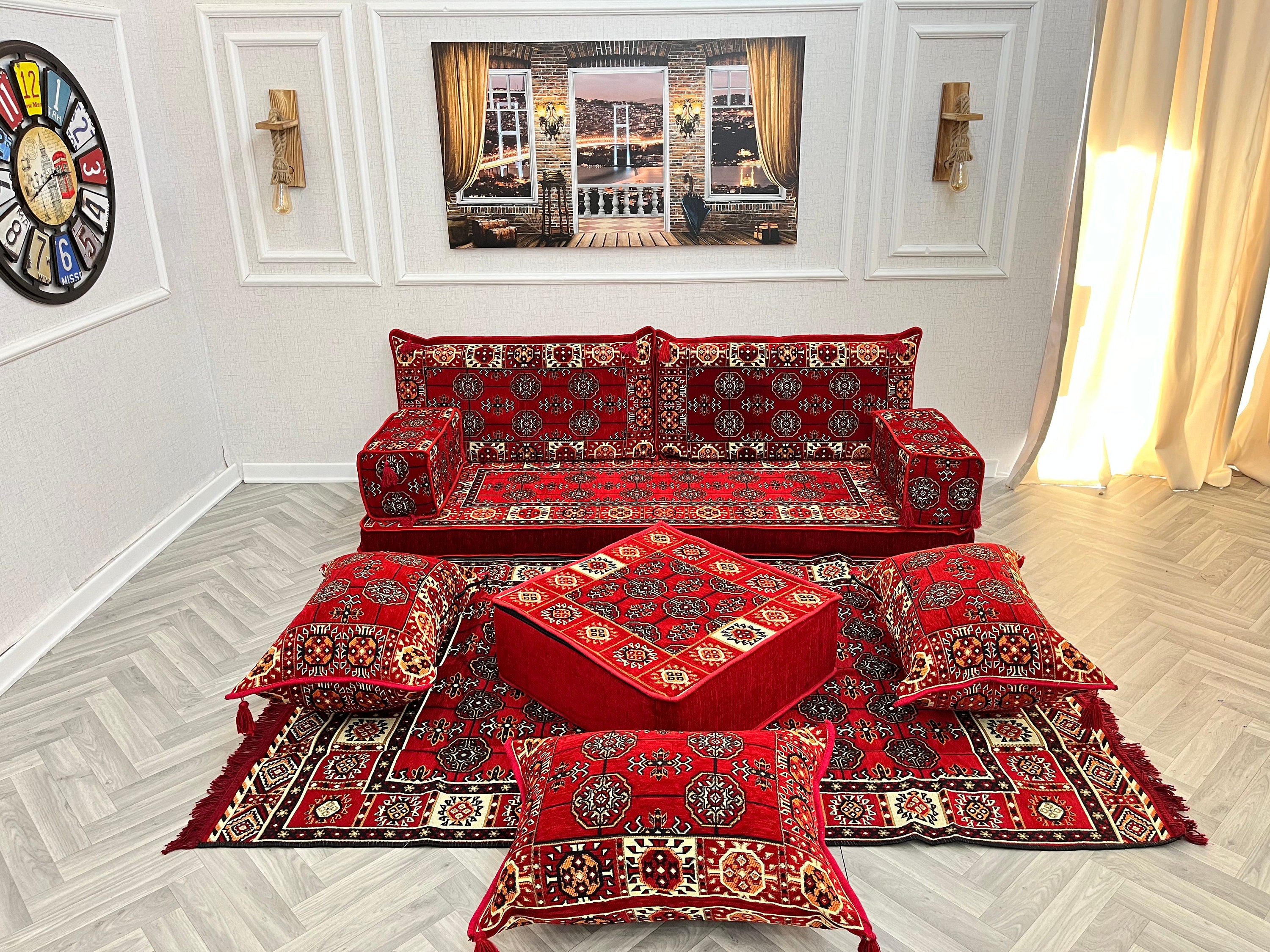 Majilis Rug 8 Inch Thick Red Ethnic Floor Seating Set: Arabic Majlis Sofa, Rug ...