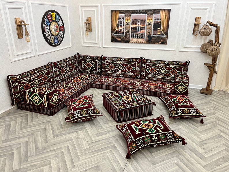 L Shaped Maroon Arabic Sofa Floor Cushion Seating Set, Living Room Sofa, Ottoman Couch, Floor Cushion Couch, Arabic Majlis, Sectional Sofas imagem 7